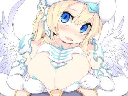 Rule 34 | 2girls, armor, blonde hair, blue eyes, blush, breasts, cleavage, cum, cum on body, cum on breasts, cum on upper body, elbow gloves, facial, feathered wings, frfr, futanari, futanari pov, gloves, highres, implied futanari, implied paizuri, large breasts, looking at viewer, multiple girls, open mouth, original, pointy ears, pov, shoulder armor, thighhighs, white gloves, white headwear, white legwear, white wings, wings
