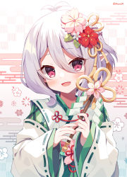 Rule 34 | 1girl, :d, antenna hair, blush, commentary request, egasumi, elf, floral background, flower, grey hair, hair between eyes, hair flower, hair ornament, hands up, holding, japanese clothes, kimono, kokkoro (new year) (princess connect!), kokkoro (princess connect!), long sleeves, looking at viewer, mauve, open mouth, pink flower, pointy ears, princess connect!, red eyes, red flower, ribbon-trimmed sleeves, ribbon trim, sleeves past wrists, smile, solo, twitter username, upper body, white flower, white kimono, wide sleeves