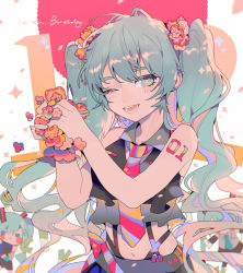 Rule 34 | 1girl, absurdres, arm tattoo, bare arms, black shirt, blue eyes, blue hair, chinese commentary, collared shirt, commentary request, crop top, flower, flower (symbol), hair flower, hair ornament, hands up, happy birthday, hatsune miku, highres, holding, holding flower, spring onion, light blush, long hair, looking at viewer, midriff, multicolored necktie, navel, necktie, one eye closed, open mouth, pink flower, pink necktie, purple necktie, red flower, shirt, sleeveless, sleeveless shirt, smile, solo, taowu (20809), tattoo, twintails, upper body, vocaloid, white background, yellow necktie