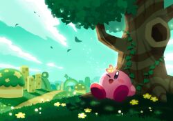 Rule 34 | ;d, aruco co, blue eyes, blue sky, blush, blush stickers, bug, butterfly, butterfly on head, cloud, day, flower, grass, hill, insect, kirby, kirby (series), nintendo, no humans, on grass, one eye closed, open mouth, outdoors, path, plant, road, scenery, shade, sitting, sky, smile, solo, star (symbol), tree, tree hollow, tree shade, vines, white flower, yellow butterfly, yellow flower