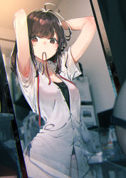 Rule 34 | 1girl, absurdres, ahoge, armpits, arms behind head, arms up, bare arms, black hair, black shirt, blurry, blurry foreground, breasts, buttons, camisole, collared shirt, commentary request, cowboy shot, depth of field, dress shirt, hair tie in mouth, highres, indoors, long hair, looking at viewer, medium breasts, mouth hold, neck ribbon, original, panties, partially unbuttoned, pink panties, red eyes, red ribbon, ribbon, rolua, shirt, short sleeves, solo, standing, undershirt, underwear, white shirt