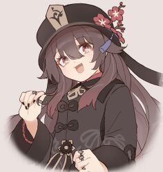 Rule 34 | 1girl, absurdres, black coat, black hat, black nails, blush, chinese clothes, coat, collared coat, commentary, flower, flower-shaped pupils, genshin impact, grey background, hat, hat flower, hat tassel, highres, hu tao (genshin impact), jewelry, looking at viewer, multiple rings, nail polish, open mouth, origami gyokuo, plum blossoms, porkpie hat, red eyes, ring, simple background, smile, solo, symbol-shaped pupils, thumb ring, upper body