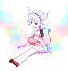 Rule 34 | 10s, 1girl, bad id, bad pixiv id, beads, black hairband, blue eyes, blunt bangs, capelet, child, cotton candy, dragon girl, dragon horns, dragon tail, dress, eating, food, full body, gradient hair, hair beads, hair ornament, hairband, holding, holding food, horns, kanna kamui, kobayashi-san chi no maidragon, long hair, long sleeves, looking at viewer, monster girl, multicolored background, multicolored hair, red footwear, rednian, shoes, silver hair, sitting, slit pupils, solo, tail, thighhighs, twintails, white thighhighs, zettai ryouiki