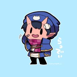 Rule 34 | 1boy, arm behind head, bandaid, bandaid on face, beanie, black hair, blue hat, blue jacket, chibi, chibi only, full body, hat, horns, jacket, kotorai, male focus, no nose, open mouth, outline, pink scarf, plaid, plaid scarf, pointy ears, rader (youtuber), real life, scarf, short hair, signature, skin-covered horns, solo, translation request, white outline