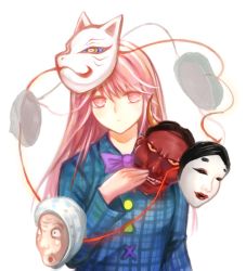 Rule 34 | 1girl, bad id, bad pixiv id, bow, expressionless, fox mask, hata no kokoro, highres, long hair, long sleeves, looking at viewer, mask, noh mask, oni mask, pink eyes, pink hair, plaid, plaid shirt, shirt, simple background, solo, touhou, upper body, white background, x&amp;x&amp;x