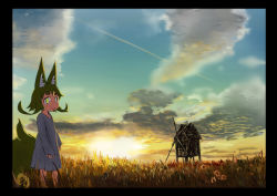 Rule 34 | 1girl, animal ears, black border, blonde hair, blue sky, border, closed mouth, cloud, cloudy sky, commentary request, contrail, doitsuken, dress, field, flower, fox child (doitsuken), fox ears, fox tail, grass, highres, long sleeves, looking at viewer, original, outdoors, revision, short hair, sky, smile, solo, standing, sunset, tail, thick eyebrows, white dress, windmill, yellow eyes