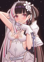 Rule 34 | arm behind head, armor, asymmetrical clothes, belt, blunt bangs, blush, braid, breasts, brown hair, closed mouth, collar, collarbone, detached collar, dress, gloves, hair ornament, hand in own hair, hand to own mouth, hand up, highres, long hair, looking at viewer, medium breasts, multicolored hair, nijisanji, red eyes, sideless outfit, sidelocks, single braid, smile, tiara, two side up, upper body, very long hair, virtual youtuber, white collar, white dress, white gloves, white hair, yorumi rena, yue zi