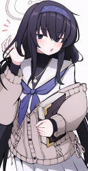 Rule 34 | 1girl, black hair, blue archive, blue eyes, blue hairband, blue neckerchief, blush, book, brown cardigan, brown halo, cardigan, grey background, hairband, halo, highres, holding, holding book, jewelry, long sleeves, looking at viewer, low twintails, neckerchief, necklace, open mouth, pleated skirt, sailor collar, school uniform, serafuku, simple background, skirt, solo, twintails, ui (blue archive), white sailor collar, white skirt, yun (kbdenz9)
