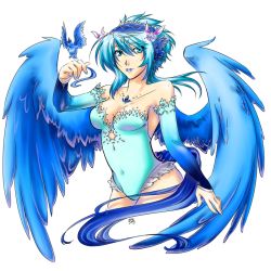 Rule 34 | 1girl, articuno, blue hair, breasts, creatures (company), female focus, game freak, gen 1 pokemon, legendary pokemon, leotard, nail polish, nintendo, personification, pokemon, simple background, solo, standing, white background, wings