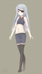Rule 34 | 10s, 1girl, bare shoulders, bike shorts, cameltoe, eyepatch, female focus, flat chest, full body, infinite stratos, laura bodewig, long hair, midriff, navel, panties, red eyes, silver hair, simple background, solo, standing, tank top, thighhighs, underwear