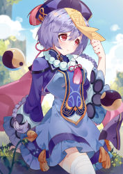 Rule 34 | 1girl, absurdres, beads, blurry, blurry background, blush, breasts, chinese clothes, commentary request, genshin impact, hair between eyes, hat, highres, landscape, long braid, looking at viewer, orb, prayer beads, purple hair, qingdai guanmao, qiqi (genshin impact), red eyes, sky, solo, talisman, yin yang, yin yang orb