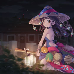 Rule 34 | 1girl, blue dress, blurry, blurry background, borrowed character, broom, broom riding, brown eyes, brown hair, closed mouth, copyright request, dress, flying, from side, hat, highres, jack-o&#039;-lantern, lantern, long hair, looking at viewer, looking to the side, mao lian (nekokao), motion blur, night, outdoors, paper lantern, pumpkin, rice hat, smile, solo, witch