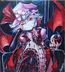 Rule 34 | 1girl, alcohol, bat wings, black footwear, black gloves, boots, brooch, closed mouth, collared shirt, commentary request, crossed legs, cup, drinking glass, elbow gloves, feet out of frame, gloves, hair between eyes, hat, hat ribbon, head tilt, jewelry, jonasan (bad-t), koumajou densetsu, light purple hair, looking at viewer, mob cap, pink hat, pink shirt, pink skirt, puffy short sleeves, puffy sleeves, red eyes, red ribbon, remilia scarlet, ribbon, shikishi, shirt, short hair, short sleeves, skirt, skirt set, slit pupils, smile, solo, touhou, traditional media, wine, wine glass, wings