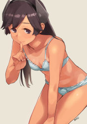Rule 34 | 1girl, black eyes, black hair, bra, breasts, finger to mouth, grey background, headgear, i-400 (kancolle), index finger raised, kantai collection, long hair, makio (makiomeigenbot), panties, signature, simple background, small breasts, smile, solo, tan, underwear, white bra, white panties