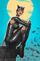 Rule 34 | 1girl, bat (animal), batman (series), black bodysuit, black footwear, blue sky, bodysuit, boots, breasts, brown eyes, catwoman, david nakayama, dc comics, full moon, highres, initial, large breasts, looking to the side, moon, outdoors, red lips, sitting, sky, skyline, solo, whip
