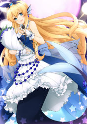 Rule 34 | 1girl, :d, bare shoulders, beads, bermuda cadet riviere, black ribbon, blonde hair, blue dress, blue eyes, bouquet, breasts, cable, cardfight!! vanguard, choker, commentary request, dress, earrings, fingerless gloves, fins, floating hair, flower, frilled choker, frills, from below, gem, gloves, hair between eyes, hair ribbon, head fins, heart, holding, holding bouquet, holding microphone, jampen, jewelry, layered dress, leaf, long dress, long hair, looking at viewer, medium breasts, mermaid, microphone, monster girl, open mouth, purple flower, ribbon, see-through, sidelocks, smile, solo, star (symbol), strapless, strapless dress, very long hair, white choker, white dress, white gloves, wrist cuffs