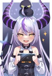 Rule 34 | 1girl, :d, absurdres, ahoge, animal, animal on head, bad id, bare shoulders, benjamin4679, bird, bird on head, black dress, braid, cellphone, crow (la+ darknesss), demon girl, demon horns, dress, fang, highres, holding, holding phone, hololive, holox, horns, iphone, la+ darknesss, long hair, long sleeves, multicolored hair, on head, open mouth, phone, purple hair, silver hair, skin fang, smartphone, smile, solo, sparkle, streaked hair, striped horns, tail, virtual youtuber