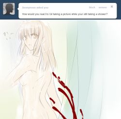 Rule 34 | !?, 1boy, 1girl, artoria pendragon (all), artoria pendragon (fate), blonde hair, blood, breasts, fate/stay night, fate (series), gilgamesh (fate), hair down, long hair, mixed-sex bathing, nosebleed, nude, pov, saber (fate), saber alter, shared bathing, shower curtain, showering, sideboob, tumblr, tusia, wet, yellow eyes