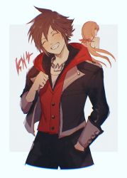 Rule 34 | 1boy, 1girl, black jacket, blush, brown hair, buttons, closed eyes, cowboy shot, cropped legs, crown (symbol), hair ribbon, hand in pocket, hood, hood down, hoodie, jacket, jewelry, kingdom hearts, kingdom hearts iv, light blush, necklace, red hoodie, red ribbon, ribbon, sera (serappi), smile, sora (kingdom hearts), spiked hair, strelitzia (kingdom hearts), twintails, white background