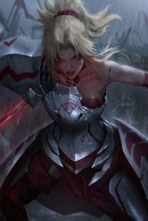 Rule 34 | 1girl, armor, bare shoulders, battle, battlefield, blonde hair, blood, blood on face, braid, breastplate, broken armor, clarent (fate), clenched teeth, commentary, cuts, dress, english commentary, fate/apocrypha, fate/grand order, fate (series), faulds, french braid, hair ornament, hair scrunchie, highres, injury, mordred (fate), mordred (fate/apocrypha), pauldrons, ponytail, raikoart, rain, red dress, scrunchie, shoulder armor, sword, teeth, weapon, yellow eyes