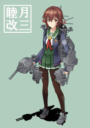 Rule 34 | 1girl, argyle, argyle background, argyle clothes, brown hair, brown pantyhose, cannon, character name, commentary request, crescent, crescent pin, full body, gradient hair, green sailor collar, green skirt, grey background, highres, jacket, kantai collection, loafers, looking at viewer, machinery, minosu, multicolored hair, mutsuki (kancolle), mutsuki kai ni (kancolle), neckerchief, original remodel (kantai collection), pantyhose, pleated skirt, red hair, red neckerchief, sailor collar, school uniform, serafuku, shoes, short hair, simple background, skirt, smokestack, solo, standing, turret