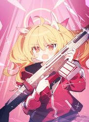 Rule 34 | 1girl, ahoge, blonde hair, blue archive, blush, gun, hair between eyes, halo, highres, holding, holding gun, holding weapon, jacket, kasuga haruhi, long hair, long sleeves, looking at viewer, open mouth, red jacket, signature, solo, twintails, weapon, yellow eyes, yellow halo, yoshimi (blue archive)