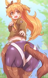 Rule 34 | 1girl, :d, animal ears, ass, bike shorts, blue sky, blush, bomber jacket, bow, centaur, commentary request, cowboy shot, ear ribbon, green jacket, hair between eyes, hand up, highres, horse ears, horse tail, huge ass, jacket, long hair, long sleeves, looking at viewer, mayano top gun (umamusume), midriff, monster girl, monsterification, motion lines, muscular, muscular female, ooba jun, open mouth, orange eyes, orange hair, sidelocks, signature, sky, smile, solo, standing, tail, taur, teeth, thick thighs, thighs, tree, twitter username, two side up, umamusume, upper teeth only, wide hips