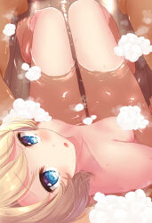 Rule 34 | 1boy, 1girl, :o, barefoot, bathing, between legs, blonde hair, blue eyes, blush, breasts, breasts apart, collarbone, commentary request, convenient censoring, cuddling, esia mariveninne, from above, highres, knees up, komone ushio, leaning on person, looking at viewer, looking up, medium breasts, mixed-sex bathing, nude, open mouth, original, partially submerged, pov, shared bathing, short hair, sitting, smile, soap bubbles, soap censor, solo focus, sweat, thighs, water