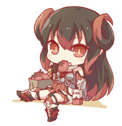 Rule 34 | 1girl, azuki ron, bare shoulders, black hair, bran (oshiro project), breasts, chibi, detached sleeves, eating, horns, juice, long hair, multicolored hair, oshiro project:re, red eyes, red hair, simple background, sitting, solo, spread legs, thighhighs, tomato, tomato juice, very long hair, white background