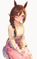 Rule 34 | absurdres, alternate hairstyle, animal ears, bo yi bo yi bo, braid, braided ponytail, brown hair, chinese commentary, closed mouth, commentary request, hair between eyes, hair over shoulder, hair tie, hands on lap, highres, horse ears, horse girl, horse tail, long sleeves, medium skirt, pink skirt, purple eyes, rice shower (umamusume), simple background, single braid, sitting, skirt, sweater, tail, umamusume, white background, white sweater
