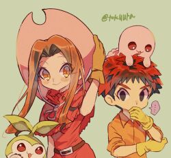 Rule 34 | 1boy, 1girl, 2others, belt, blush, brown belt, capelet, commentary request, cowboy shot, digimon, digimon (creature), dress, gloves, green background, hand on headwear, hat, izumi koshiro, long hair, looking at viewer, mochimon, multiple others, on head, orange shirt, pink hat, red capelet, red dress, shirt, short hair, sidelocks, simple background, smile, tachikawa mimi, tanemon, tokuura, twitter username, yellow gloves