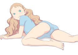 Rule 34 | 1girl, aurore (takatou sora), barefoot, blue eyes, blue leotard, brown hair, female focus, foot out of frame, leotard, looking at viewer, lying, on stomach, original, simple background, smile, solo, takatou sora, white background