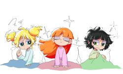 Rule 34 | 3girls, black hair, blonde hair, blossom (ppg), blue eyes, blue pajamas, blunt bangs, bubbles (ppg), buttercup (ppg), buttercup redraw challenge (meme), closed eyes, derivative work, green eyes, green pajamas, halftone, hand up, highres, long hair, meme, messy hair, multiple girls, neamosub, orange hair, pajamas, pillow, pink pajamas, powerpuff girls, screenshot redraw, short hair, twintails, under covers