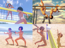 Rule 34 | 2girls, 3d, absurdres, ass, ball, beach, beach volleyball, black hair, breasts, censored, cloud, collage, completely nude, exercising, highres, jumping, multiple girls, nude, nudist, ocean, original, playing, playing sports, sand, sky, spread legs, upside-down, volleyball, volleyball (object), volleyball net, zenra