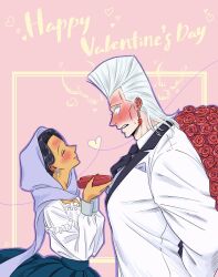 Rule 34 | 1boy, 1girl, blush, bouquet, candy, chocolate, chocolate heart, closed eyes, dark-skinned female, dark skin, fdc pp, flower, food, formal, full-face blush, happy valentine, heart, height difference, hetero, highres, jacket, jean pierre polnareff, jojo no kimyou na bouken, looking at another, malena (jojo), muscular, muscular male, red flower, red rose, rose, smile, stardust crusaders, suit, sweatdrop, valentine, white hair, white jacket, white suit