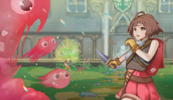 Rule 34 | 1boy, 1girl, absurdres, backpack, bag, blurry, blurry background, brown eyes, brown gloves, brown hair, brown shirt, building, chest guard, commentary request, cowboy shot, dagger, day, gloves, highres, holding, holding dagger, holding knife, holding weapon, knife, level up, novice (ragnarok online), open mouth, outdoors, pink shorts, poring, ragnarok online, shirt, short hair, shorts, sleeveless, sleeveless shirt, slime (creature), tack (tack1031), weapon, window