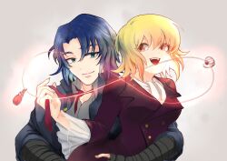 Rule 34 | 1boy, 1girl, amulet, arms around waist, athrun zala, blonde hair, blue hair, cagalli yula athha, couple, formal, green eyes, grey jacket, gundam, gundam seed, gundam seed freedom, highres, holding tie, infinity symbol, jacket, jewelry, looking at another, lunart1024, necklace, pant suit, pants, red tie, ring, short hair, smile, suit, yellow eyes
