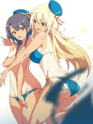 Rule 34 | 10s, 2girls, :d, :o, ass, atago (kancolle), beret, bikini, black hair, blonde hair, blue bikini, blue eyes, blurry, blush, breasts, butt crack, couple, covering breasts, covering crotch, covering privates, depth of field, embarrassed, female focus, hat, highres, hug, kantai collection, large breasts, long hair, looking at another, medium breasts, merican sack, multiple girls, one-piece tan, open mouth, red eyes, short hair, shy, side-tie bikini bottom, sketch, smile, star (symbol), swimsuit, takao (kancolle), tan, tanline, topless, yuri