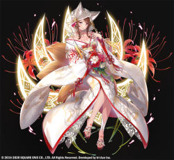 Rule 34 | animal ears, bare shoulders, blue eyes, blush, bride, caleen keemosn, eyebrows, flower, fox ears, fox tail, japanese clothes, kimono, looking at viewer, nail polish, official art, popqn, red nails, smile, solo, star ocean, star ocean anamnesis, tail, white kimono