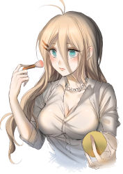 Rule 34 | 1girl, absurdres, alternate costume, alternate hairstyle, antenna hair, bead necklace, beads, blonde hair, blue eyes, blush, breasts, cleavage, collarbone, collared shirt, commentary request, cropped torso, cross neko, danganronpa (series), danganronpa v3: killing harmony, grey shirt, hair between eyes, hair ornament, hairclip, highres, holding, iruma miu, jewelry, large breasts, long hair, makeup brush, necklace, shirt, simple background, sketch, solo, upper body, white background
