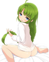 Rule 34 | 10s, 1girl, :o, ahoge, ass, barefoot, bed sheet, blue eyes, blunt bangs, blush, bottomless, braid, breasts, feet, from behind, green hair, hekomii, holding, holding own hair, indoors, kantai collection, long hair, long sleeves, looking at viewer, looking back, mole, mole under mouth, naked shirt, on bed, parted bangs, shirt, single braid, sitting, small breasts, soles, solo, spread legs, tongue, tongue out, very long hair, wariza, white background, white shirt, yuugumo (kancolle)