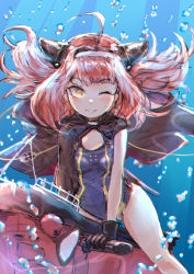 Rule 34 | 1girl, ahoge, azur lane, blush, bubble, commentary, gloves, headgear, highres, jacket, jacket over swimsuit, leather, leather jacket, looking at viewer, medium hair, mg42cat-k1ng, one-piece swimsuit, one eye closed, pink hair, school swimsuit, smile, solo, submarine, swimsuit, u-81 (azur lane), underwater, watercraft, yellow eyes