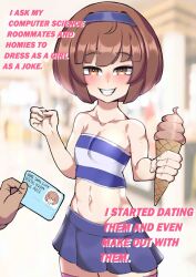 Rule 34 | 2boys, bare shoulders, blue hairband, blue skirt, blush, bob cut, brown hair, collarbone, cowboy shot, crossdressing, english text, feet out of frame, food, grin, groin, hairband, highres, holding, holding food, holding ice cream, ice cream, id card, ironchocolate (deadalus7), looking at viewer, male focus, midriff, miniskirt, multiple boys, navel, pink thighhighs, pleated skirt, pov, pov hands, shirt, short hair, skirt, smile, sparkle, standing, strapless, striped clothes, striped shirt, thighhighs, trap, tube top, zettai ryouiki