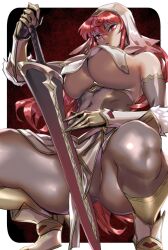 Rule 34 | 1girl, bodystocking, bodysuit, boots, breasts, elbow gloves, gloves, holding, holding sword, holding weapon, large breasts, mary landrott, official art, parted lips, pauldrons, red eyes, red hair, shoulder armor, spread legs, squatting, sword, tensei colosseum: saijaku skill de saikyou no onna-tachi wo kouryaku shite dorei harem tsukurimasu, thick thighs, thighs, underboob, weapon, zunta