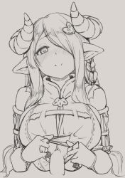 Rule 34 | 1girl, bare shoulders, blush, breasts, closed mouth, clothed sex, commentary request, granblue fantasy, hair ornament, hair over one eye, heart, heart-shaped pupils, hetero, horns, large breasts, long hair, long sleeves, looking at viewer, narmaya (granblue fantasy), noccu, nose blush, one eye covered, paizuri, penis, pointy ears, smile, solo, solo focus, symbol-shaped pupils, upper body