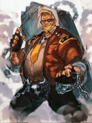 Rule 34 | 1boy, arc system works, beard, blonde hair, blue eyes, chain, chain, chaps, coffin, dust, eyepatch, facial hair, fat, fat man, fat man (fallout), glasses, goldlewis dickinson, guilty gear, guilty gear strive, highres, holding, holding chain, jacket, looking at viewer, mustache, necktie, short hair, sleeves rolled up, solo, yohane shimizu