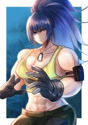 Rule 34 | 1girl, abs, absurdres, armlet, black gloves, blue eyes, blue hair, dog tags, gloves, highres, kageru (mofnyan), leona heidern, long hair, muscular, muscular female, ponytail, pouch, simple background, solo, tank top, the king of fighters, the king of fighters xv, yellow tank top
