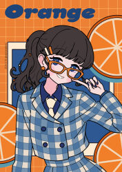 Rule 34 | 1girl, black hair, blue background, blue eyes, blue nails, blue shirt, blush stickers, collared shirt, commentary, dated, earrings, flower earrings, food, fruit, glasses, hair ornament, hairclip, hand up, highres, jacket, jewelry, long hair, long sleeves, looking at viewer, nail polish, necktie, neki (wakiko), orange-framed eyewear, orange (fruit), orange background, orange slice, original, plaid, plaid jacket, plaid skirt, pleated skirt, ponytail, shirt, skirt, smile, solo, twitter username, white necktie