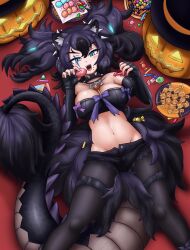Rule 34 | 1girl, absurdres, adansosutega, animal ears, bat ears, big hair, blush, bone necklace, breasts, candy, cerberus, cerberus (kemono friends), collar, cutoffs, dog ears, food, glowing, glowing hair, groin, halloween, hat, highres, jack-o&#039;-lantern, kemono friends, kemono friends 3, large breasts, pantyhose under shorts, lizard tail, lollipop, looking at viewer, lowleg, lowleg shorts, lying, navel, on back, pantyhose, pumpkin, scar, scar across eye, scar on face, shorts, solo, spiked collar, spikes, stomach, strapless, tail, tube top, witch hat