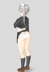 Rule 34 | 1girl, animal ears, ass, black shirt, black skirt, black socks, blush, brown footwear, butt crack, cat ears, closers, clothes lift, fake animal ears, from behind, full body, grey background, grey hair, half-closed eyes, hand to own mouth, hand up, highres, kneehighs, long sleeves, moebell, panties, ponytail, red eyes, school uniform, serafuku, shirt, shoes, side ponytail, simple background, skirt, skirt lift, socks, solo, standing, tina (closers), underwear, white panties